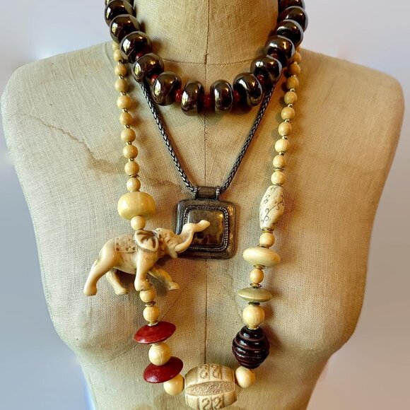 Vintage Boho Necklace Lot: Bohemian Ethnic Elephant Chicos Chunky Wood Silver - Picture 3 of 7